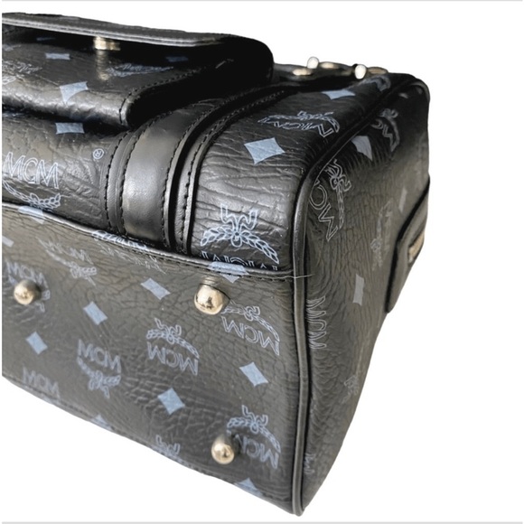 MCM Black Visetos Boston Bag 25cm – Rare Blue Logo Accents Excellent Condition! - Picture 4 of 10